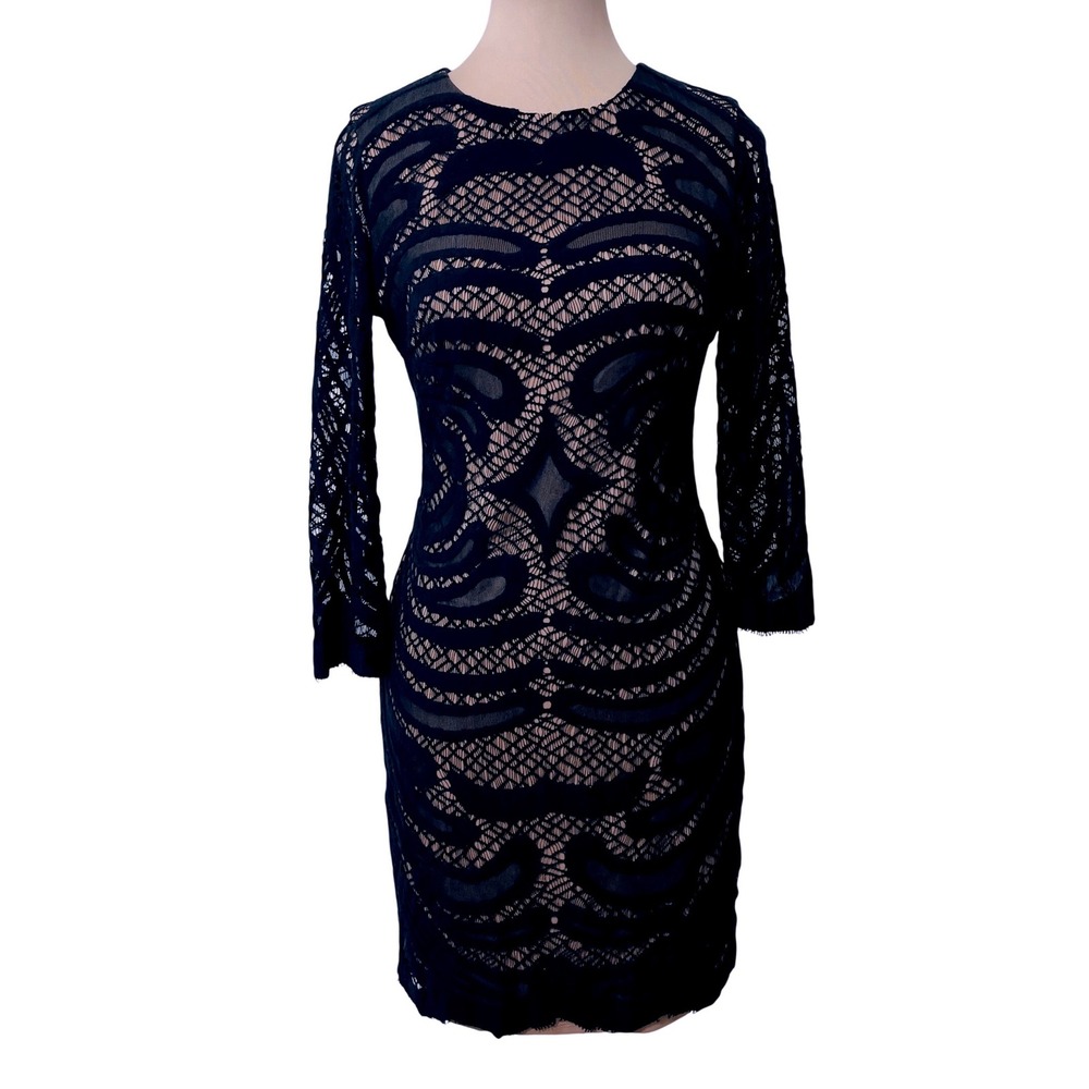 Alexia Admor  Lace Sheath‎ Dress Small Black Nude Cocktail 3/4 Sleeve Gothic